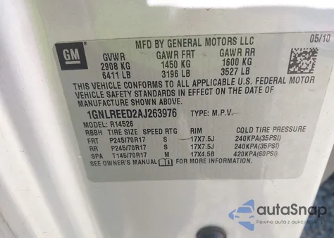 2010 Chevrolet Traverse Ls from USA, damaged, VIN 1GNLREED2AJ263976